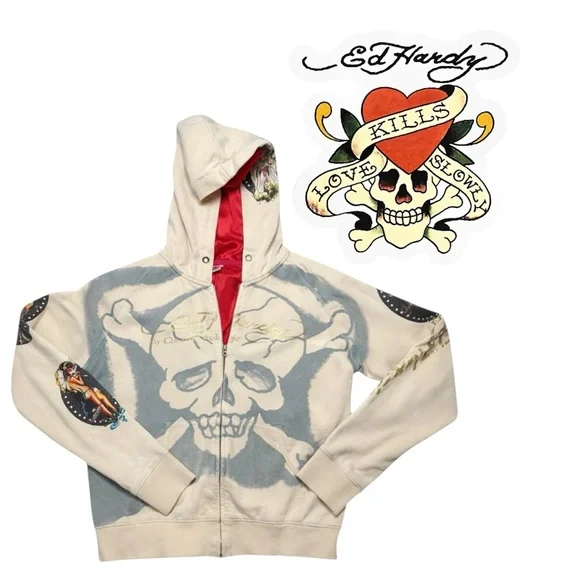Rare Vintage Ed Hardy Skull Zip Hoodie Y2K Tattoo Streetwear Size L #125-030240 - Picture 15 of 16